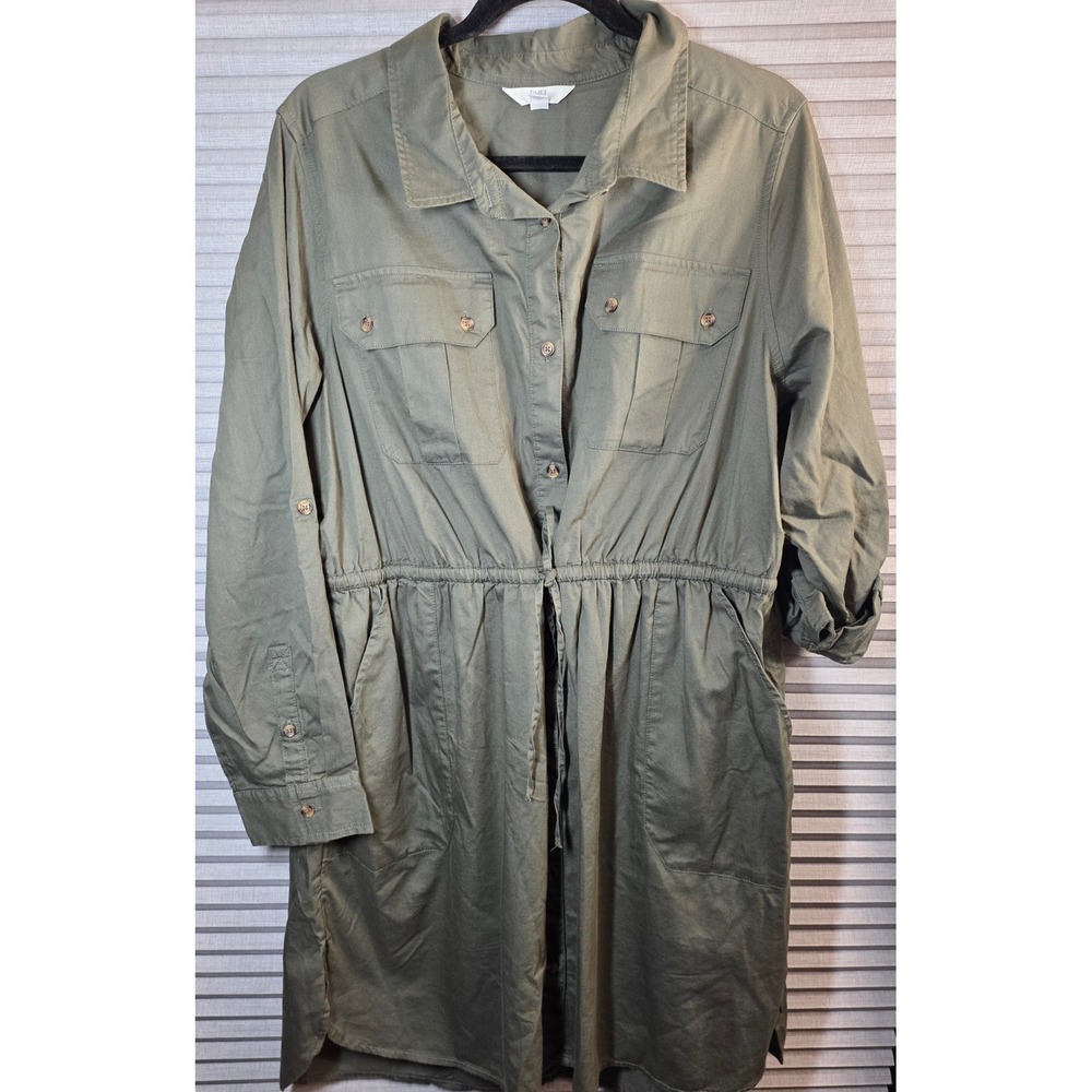 Time and‎ Tru Button Down Shirt Dress PLus Size XXL 2X Roll Tab Olive Drab Green
